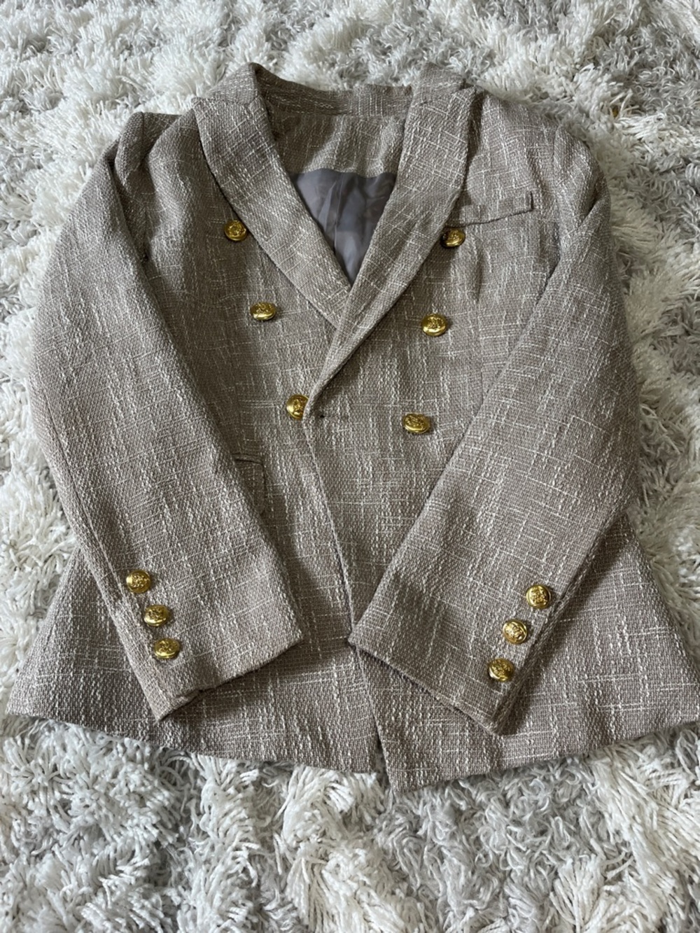 Amazon Beige Tweed Double-Breasted Blazer with Gold Buttons
